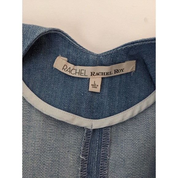 Rachel Roy Pieced Denim Dress Blue Large Mini Patchwork Sleeveless Pockets - Picture 2 of 8